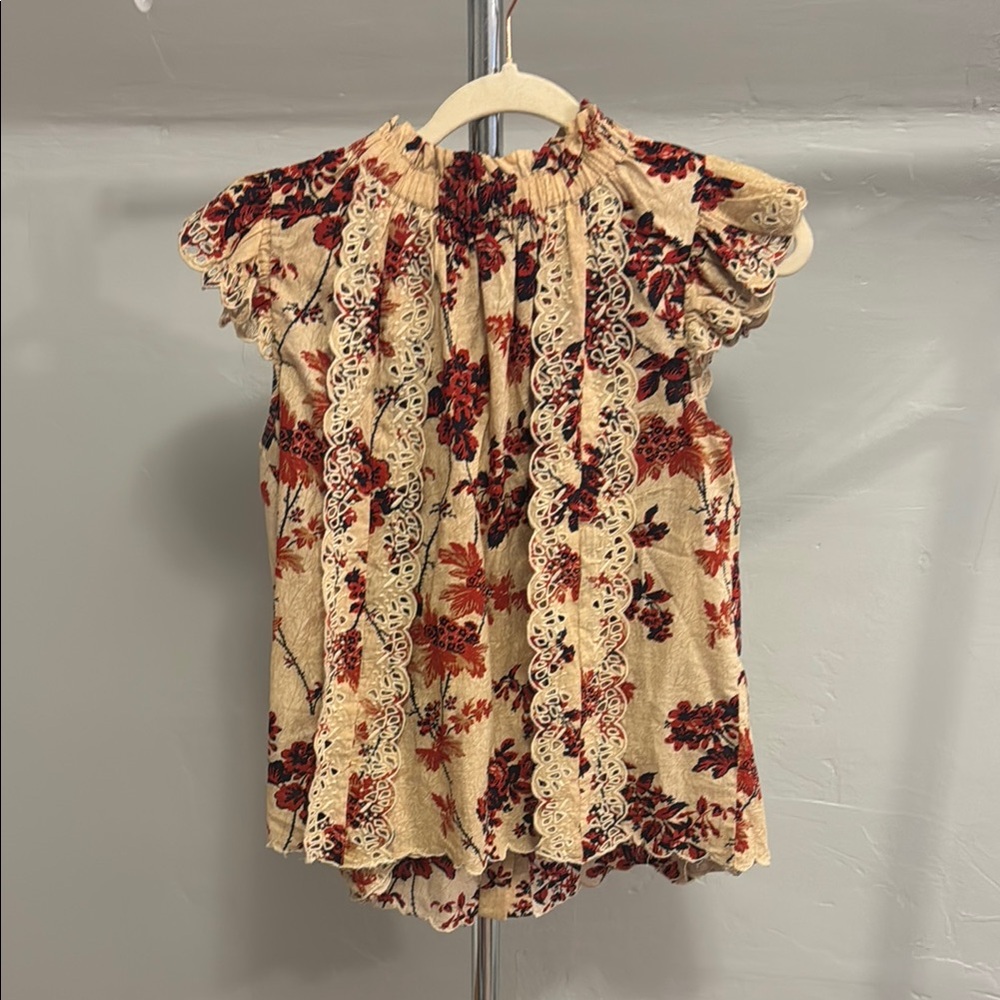 Sea Cream and Red Flutter Sleeve Blouse